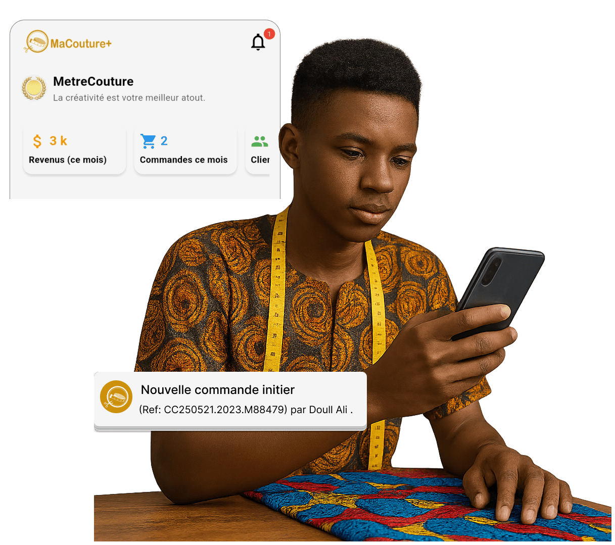 Un artisan utilisant l'application maCouture+ sur son téléphone